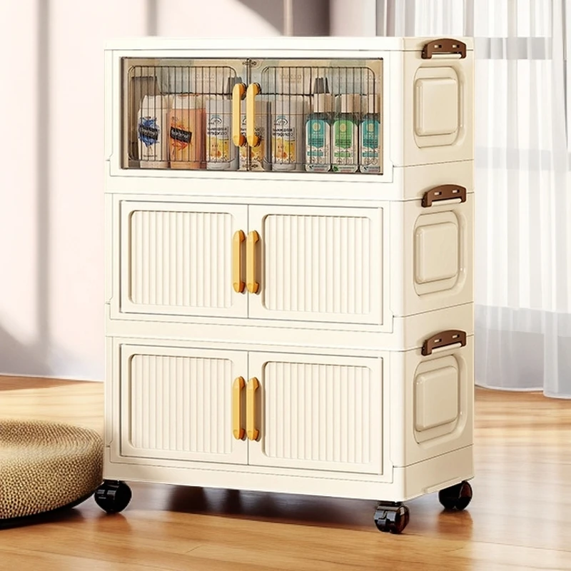 【50cm宽三层】折叠款储物柜可移动客厅竖纹收纳面宽收纳柜杂物
