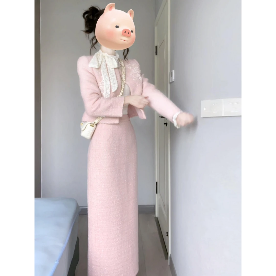 秋冬时尚气质法式小香风肌理感外套内搭蕾丝长袖打底衫半身裙套装