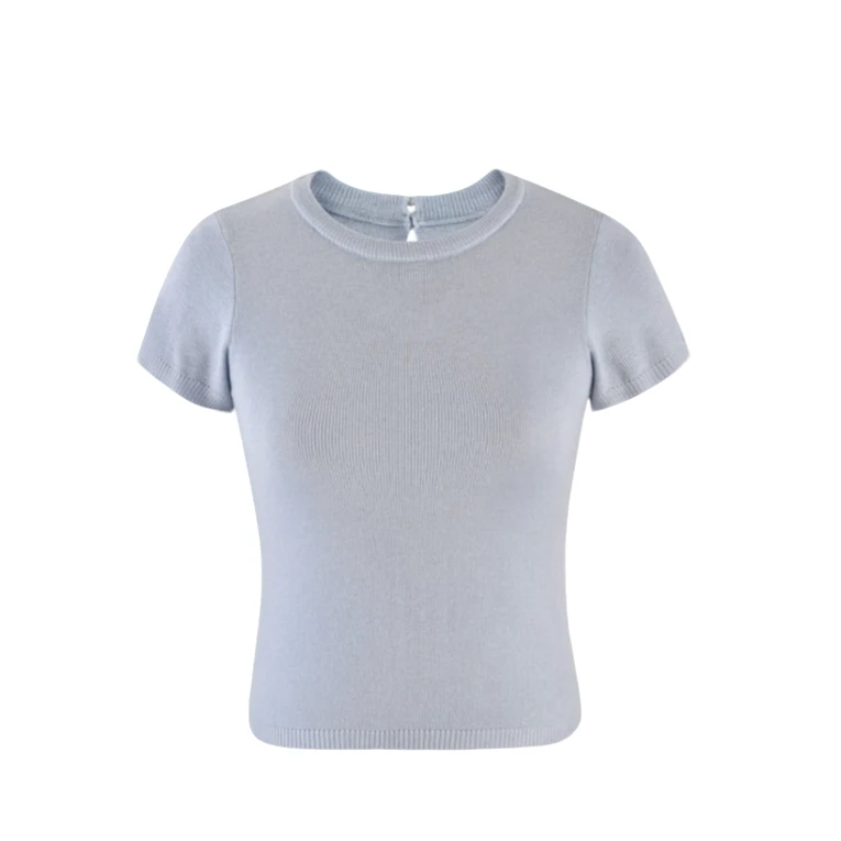 YUNAQIU 高级简约风纯色减龄后边珍珠高价格圆领短袖针织衫-9317