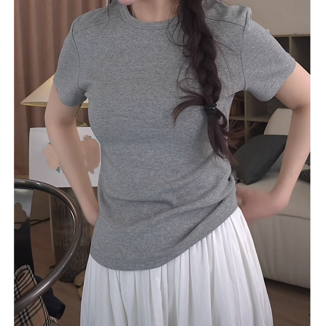 灰色正肩短袖T恤2025年新款春夏明线设计感纯色圆领短款上衣