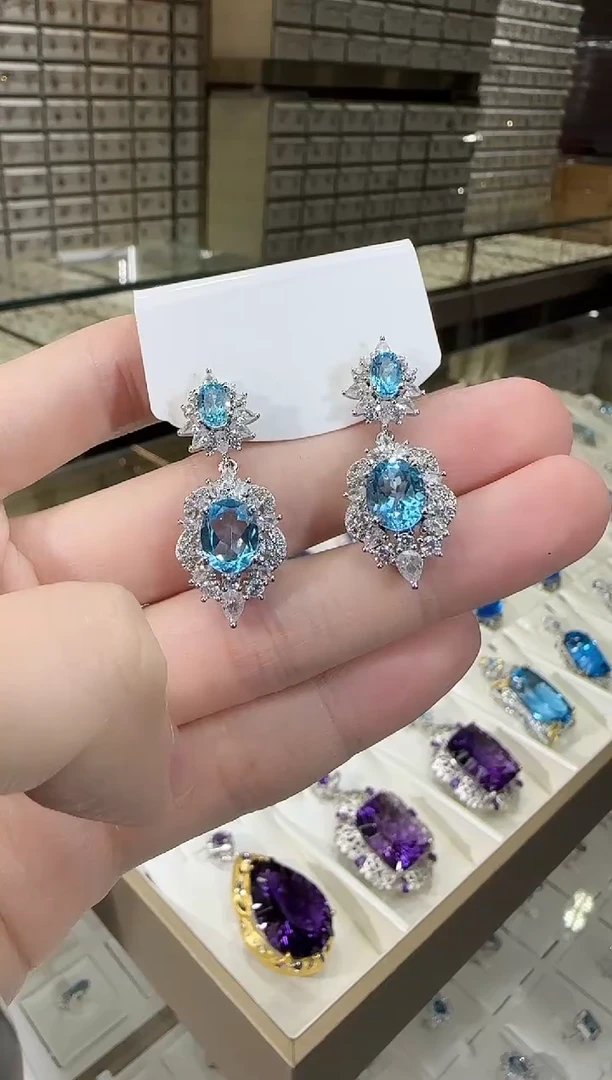 银S925镶嵌托帕石耳饰10*8mm耳坠高级款