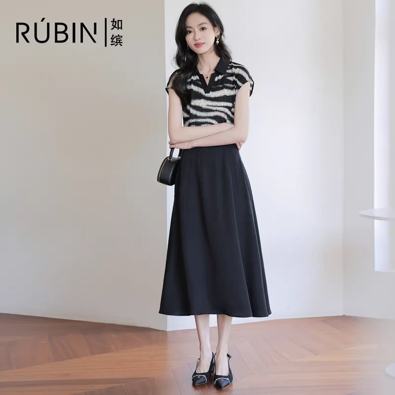 如缤RUBIN2024夏季款正品女收腰显瘦中长款气质连衣裙6L21L61207