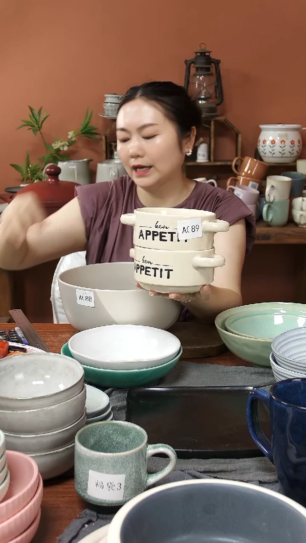 陶瓷A089陶瓷双耳碗2件套微瑕