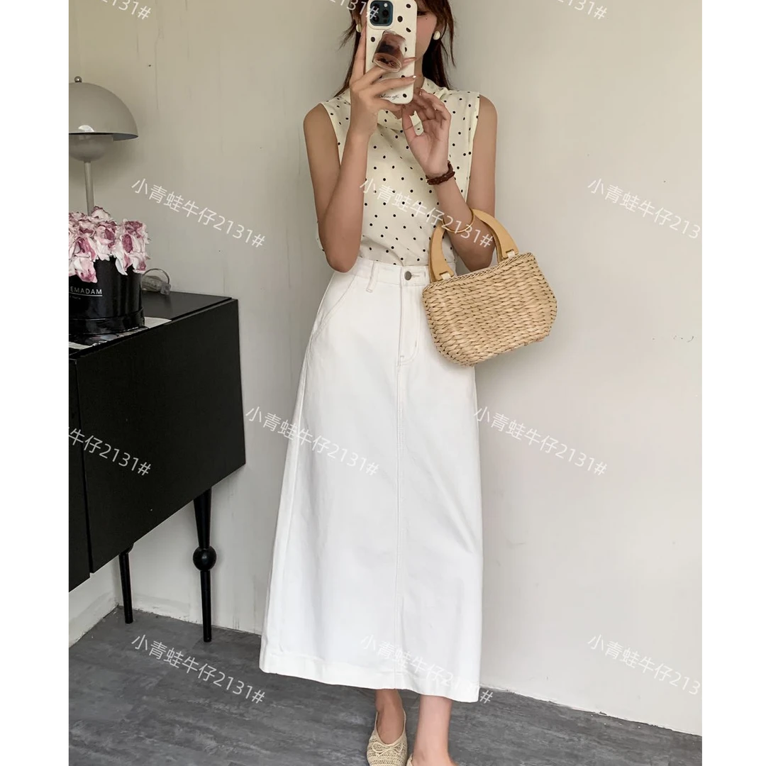 双色牛仔半身裙春夏新款高腰气质开叉牛仔裙