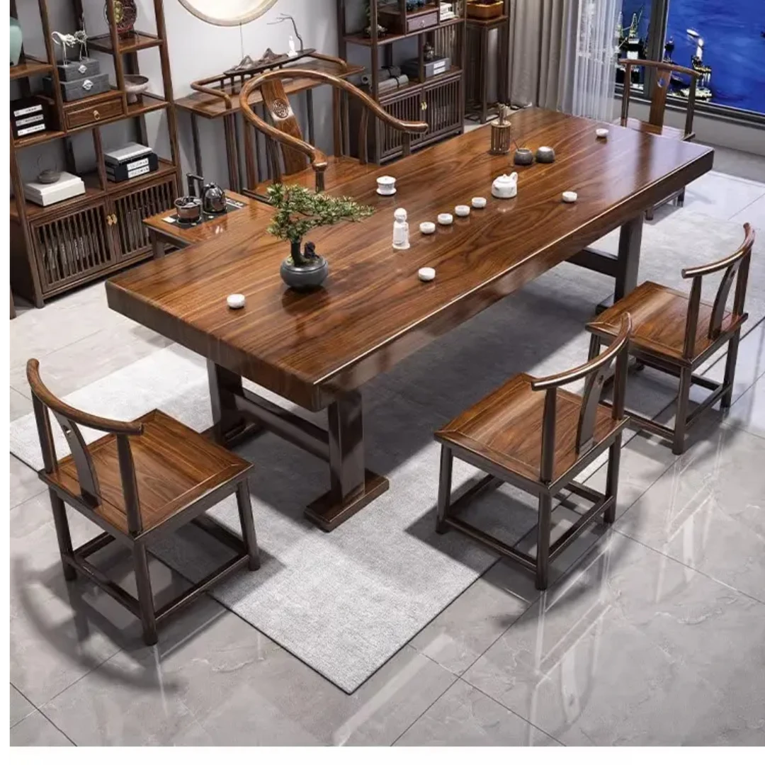 全实木大板茶台办公室茶桌椅组合一桌五椅新中式茶台茶桌茶台