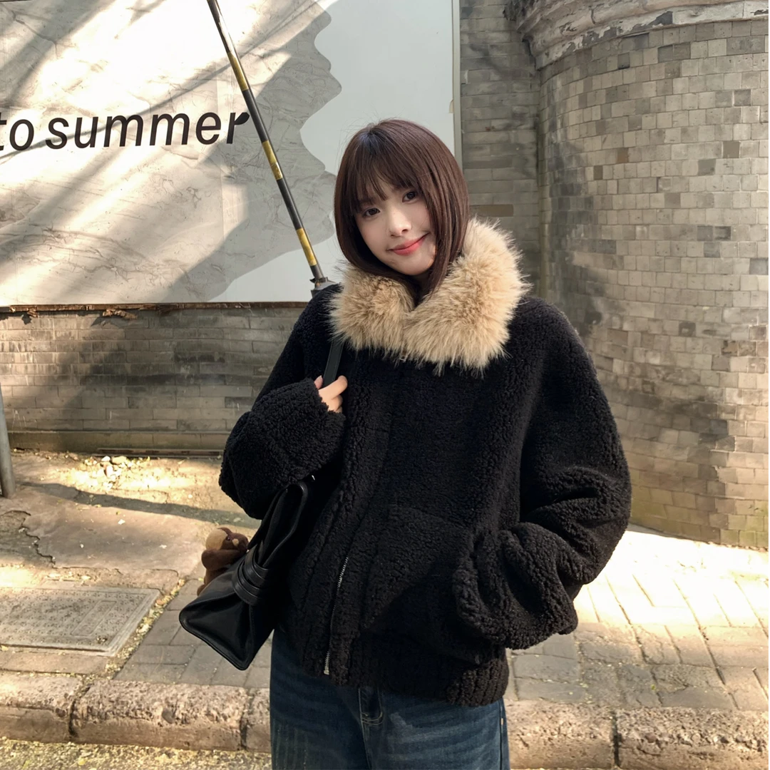 【行走暖炉】黑色毛毛外套女秋冬拼接毛领拉链开衫宽松百搭上衣冬季