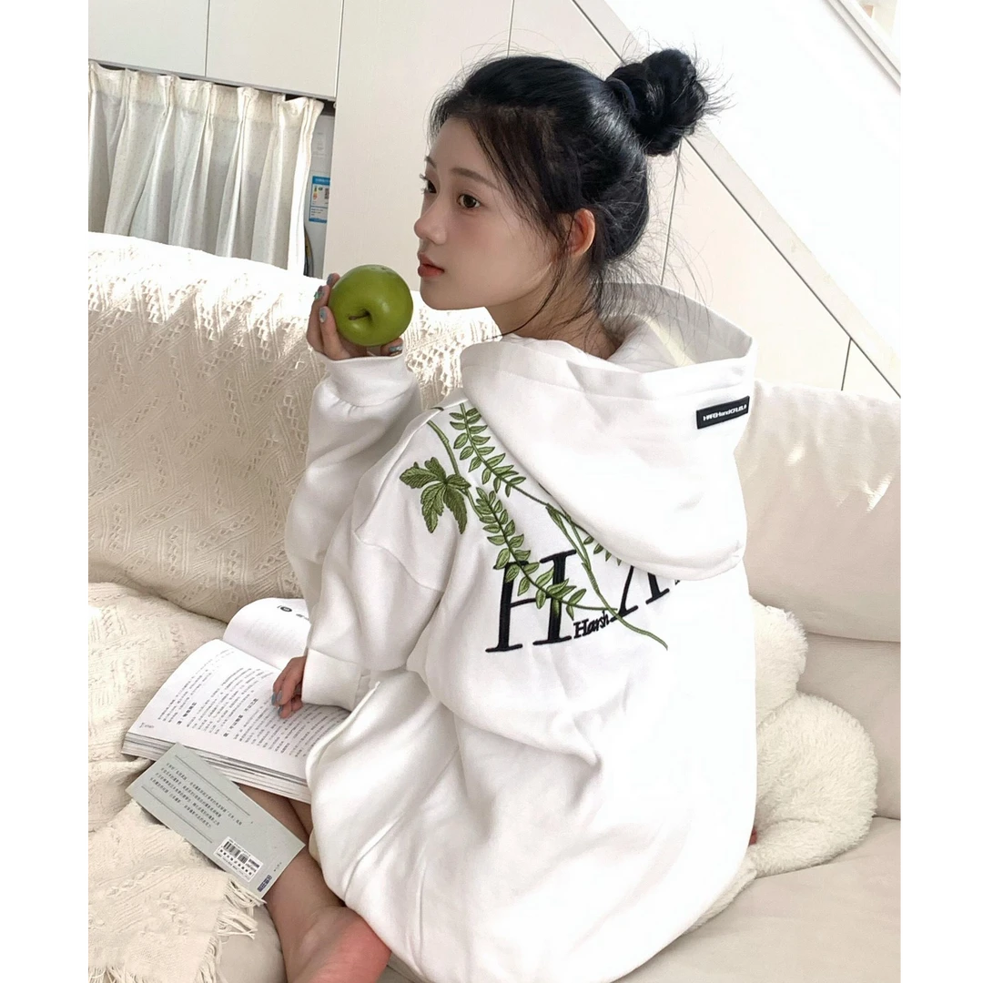 国潮新中式花卉刺绣连帽卫衣女秋冬学院风设计感宽松重磅情侣外套