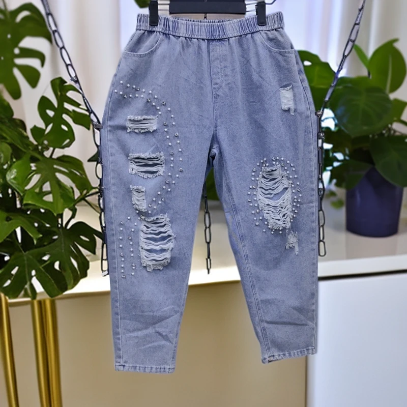 140-160斤 裤长92 破洞钉珠水洗做旧牛仔