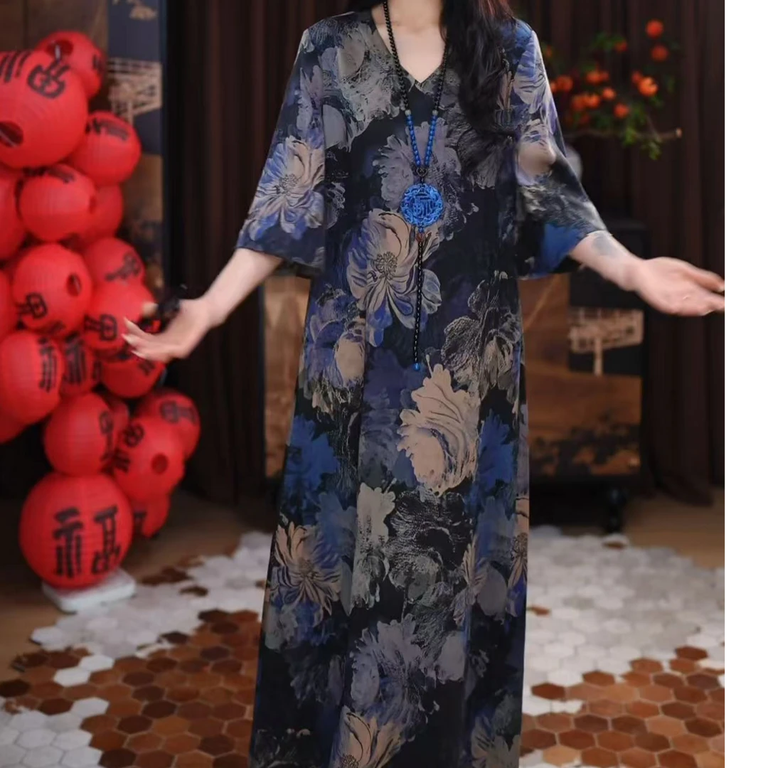 【雨潇】香云纱腔调设计感四季可穿印花V领春夏季百搭国风连衣裙