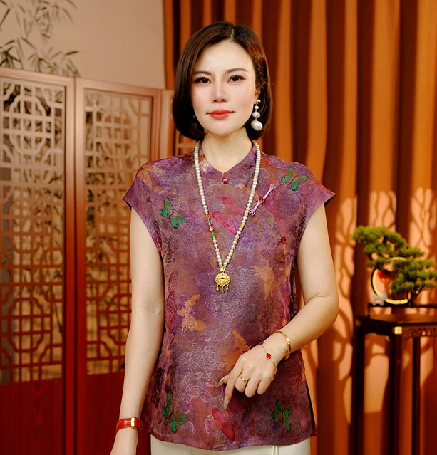 【怡清】2025新款夏季新中式T恤短袖刻花修身显瘦减龄气质款