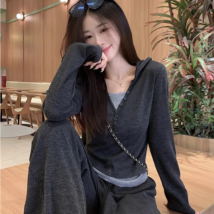 早春新款时尚韩版休闲慵懒两件套装女连帽长袖上衣+阔腿拖地裤潮