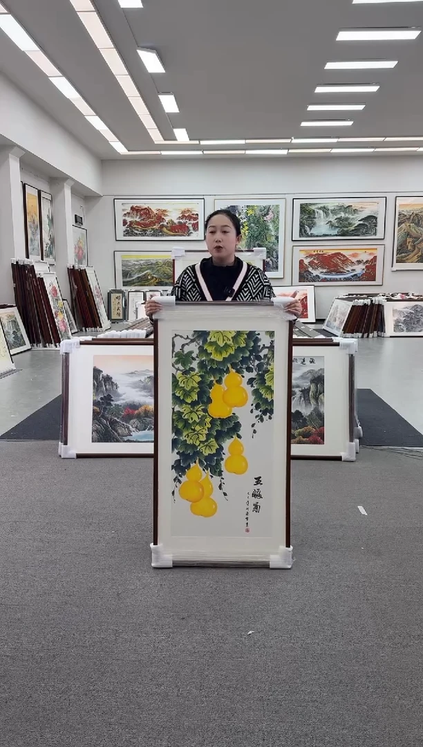 国画手绘   玄关走廊挂画 五福图  125*65