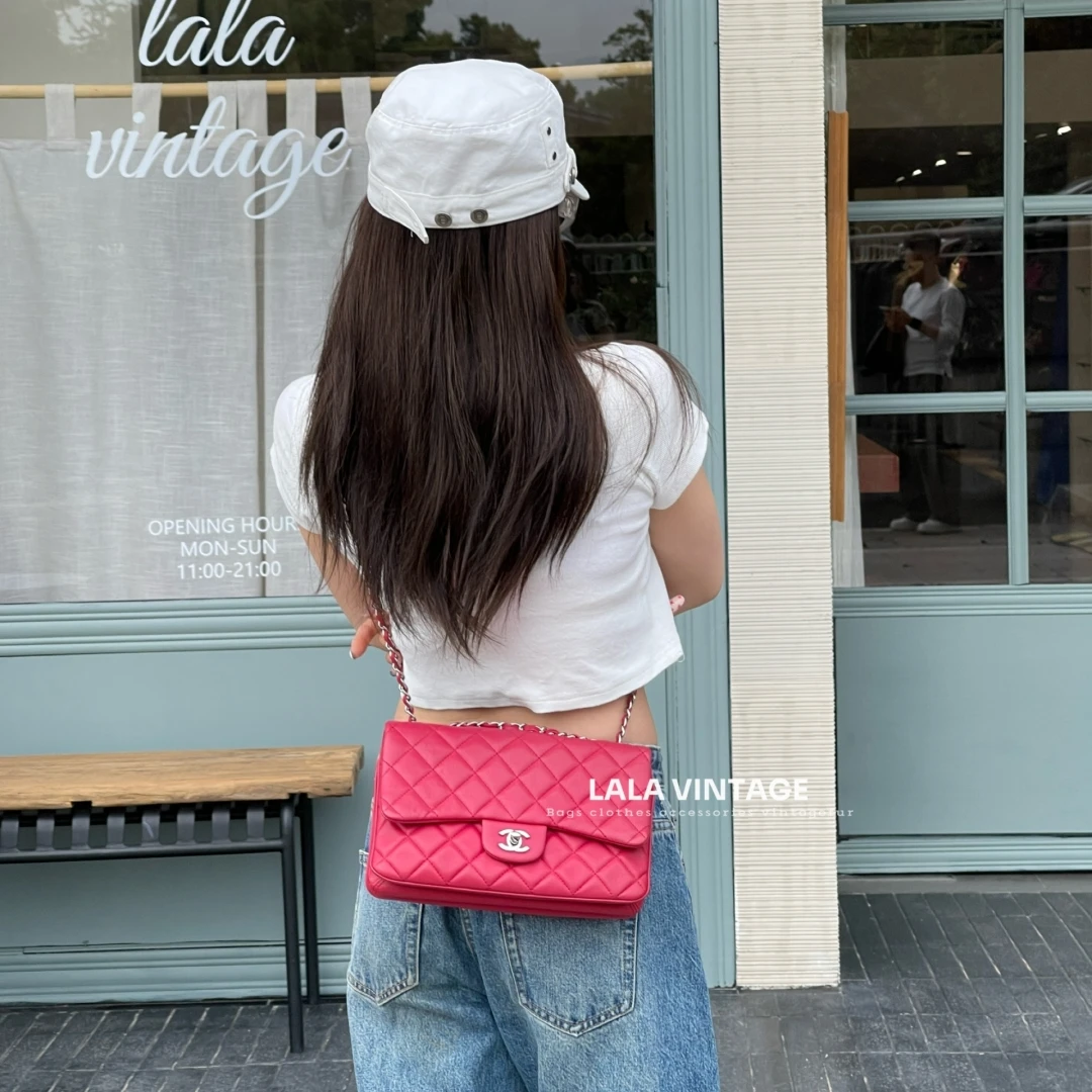 95新 Chanel/香奈儿 Chanel玫红羊皮菱格CF中号风琴斜挎包｜1183
