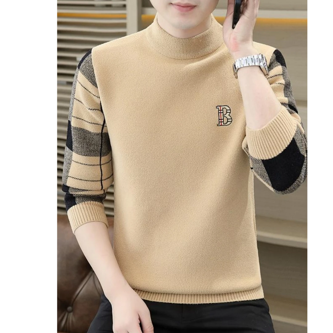 半高领毛衣男士秋冬季修身拼色刺绣内搭中领针织衫加厚打底线衣潮