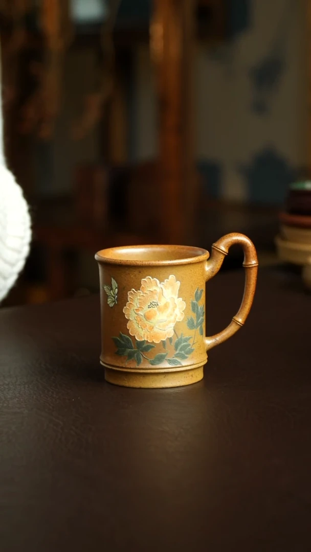 茶杯紫砂45号 柴烧牡丹花把杯 宜兴紫砂原矿作品