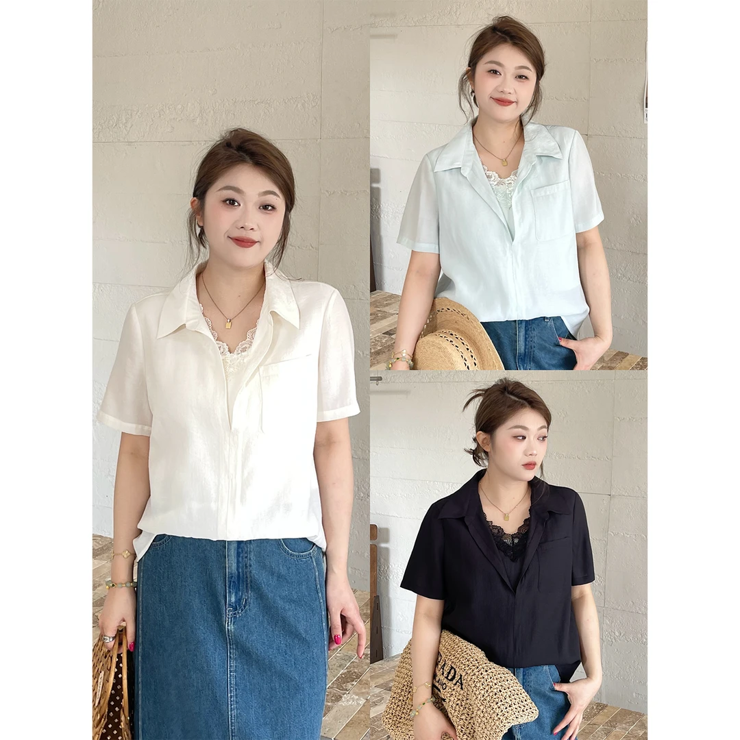 李潇洒【温柔加分项】微胖大码女夏时尚假两件短袖衬衫ZY505A71