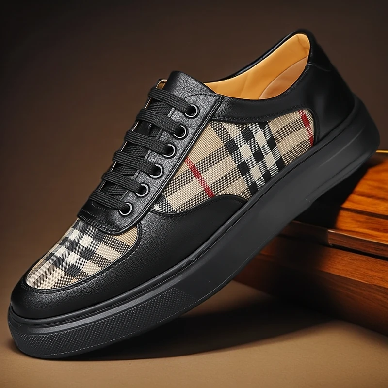 轻奢时尚商务透气休闲鞋潮鞋经典格纹板鞋耐磨休闲运动高档男鞋
