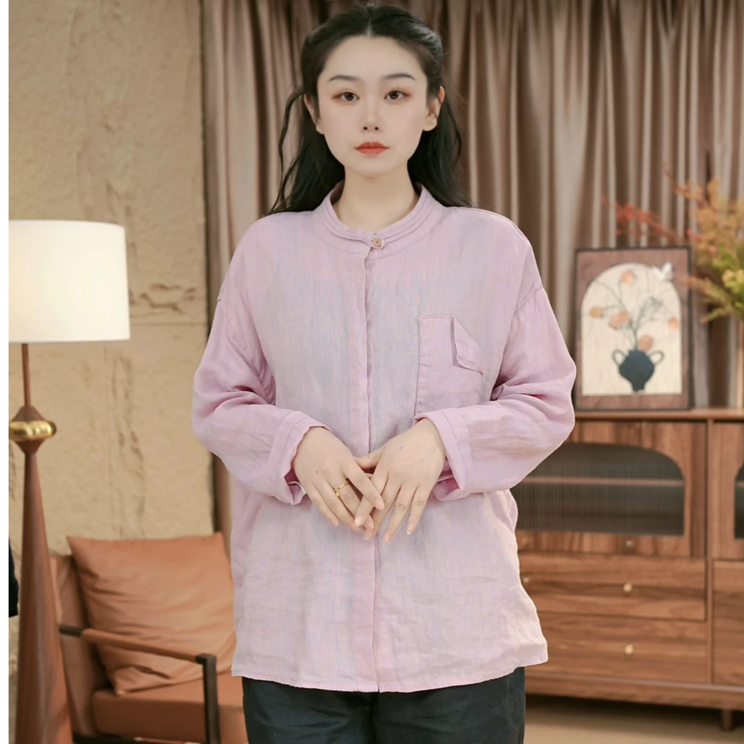 春款复古重工砂洗亚麻衬衫长袖宽松百搭上衣