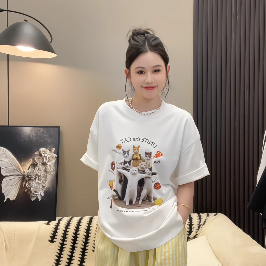 夏季新款纯棉团结猫T恤休闲韩版小众宽松ins潮流时尚设计感百搭