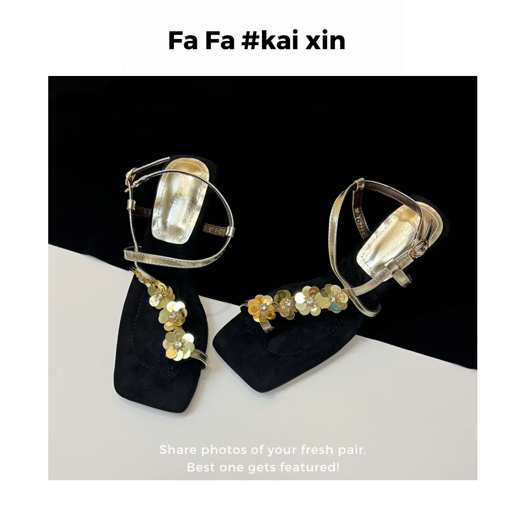 【發發】5CM方头凉鞋法式套趾时装凉鞋百搭