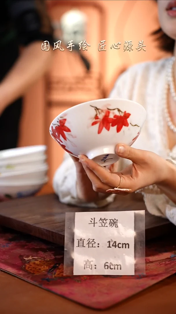 陶瓷景德镇高温釉中彩斗笠碗直径14高6