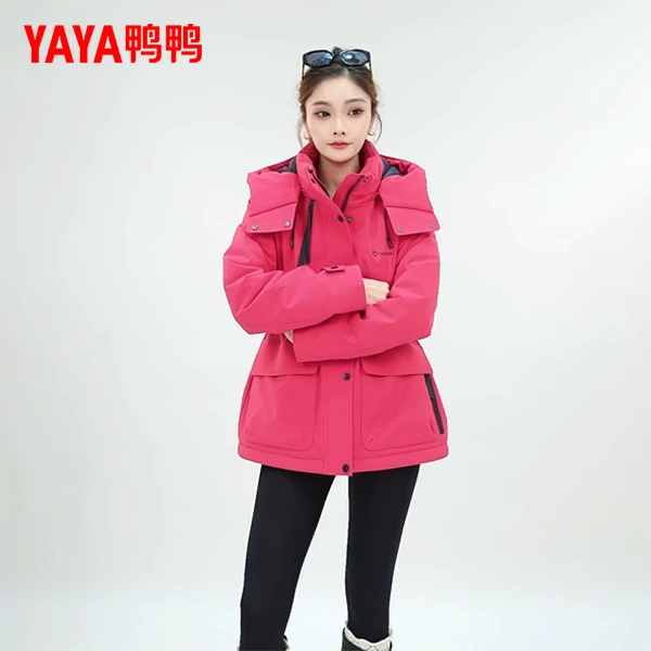 YAYA/鸭鸭工装厚羽绒服女中长款2025冬新款户外防风收腰显瘦外套