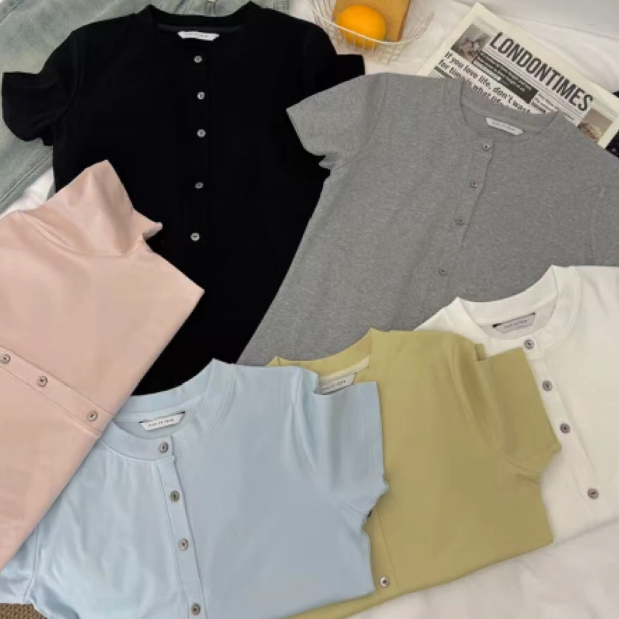 【锦衣服饰】SN 3107圆领单排扣纯色简约修身T恤