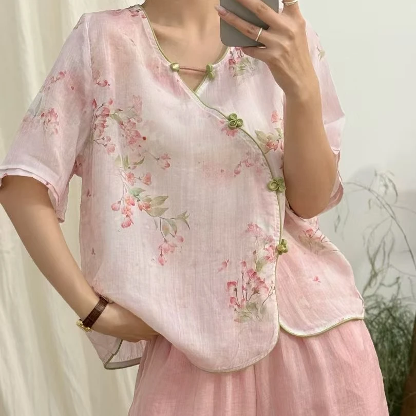 新中式斜襟苎麻小衫女夏季新款气质碎花短袖衬衫宽松显瘦百搭上衣