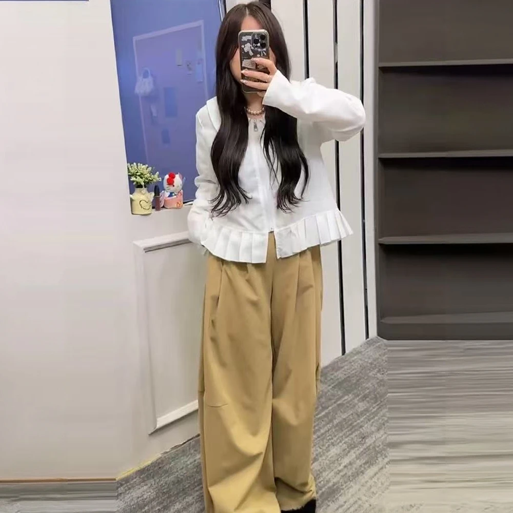 【鱼白又白】设计感拼百褶娃娃领衬衫阔秋季新款显瘦宽松大码女装