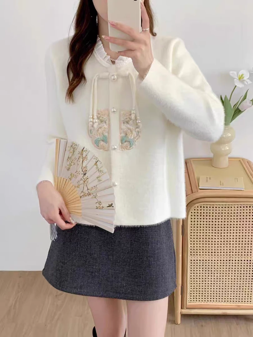 中式国风盘扣针织开衫仿水貂绒外套女秋冬2025新款洋气时尚小香风