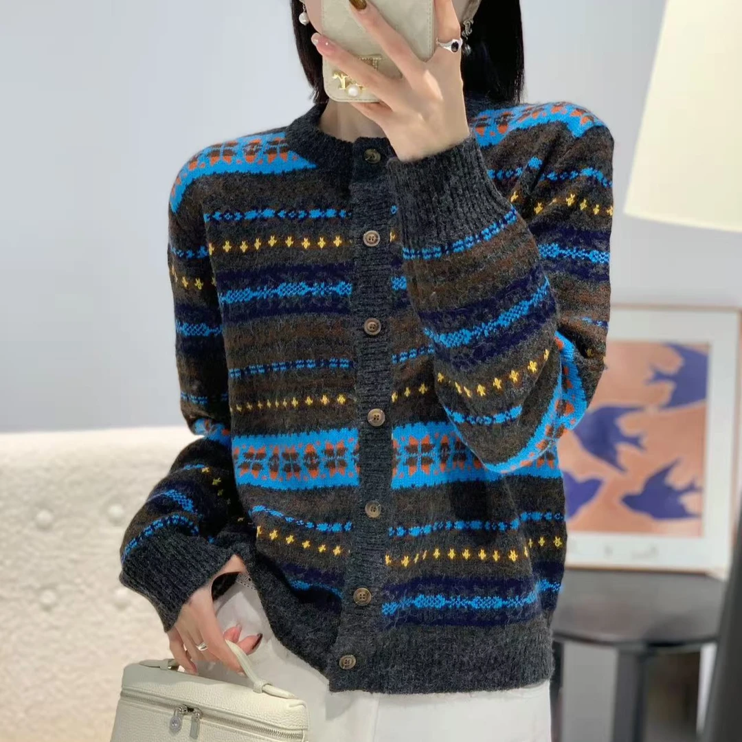 韩版冬季时尚复古设计感高级费尔岛提花气质百搭针织开衫B032#