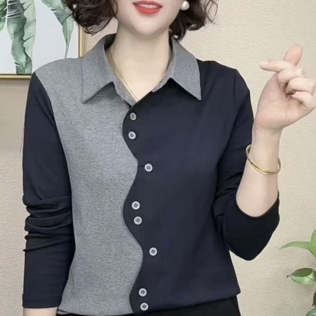 新款长袖上衣撞色洋气百搭休闲t恤女士翻领妈妈大码小衫