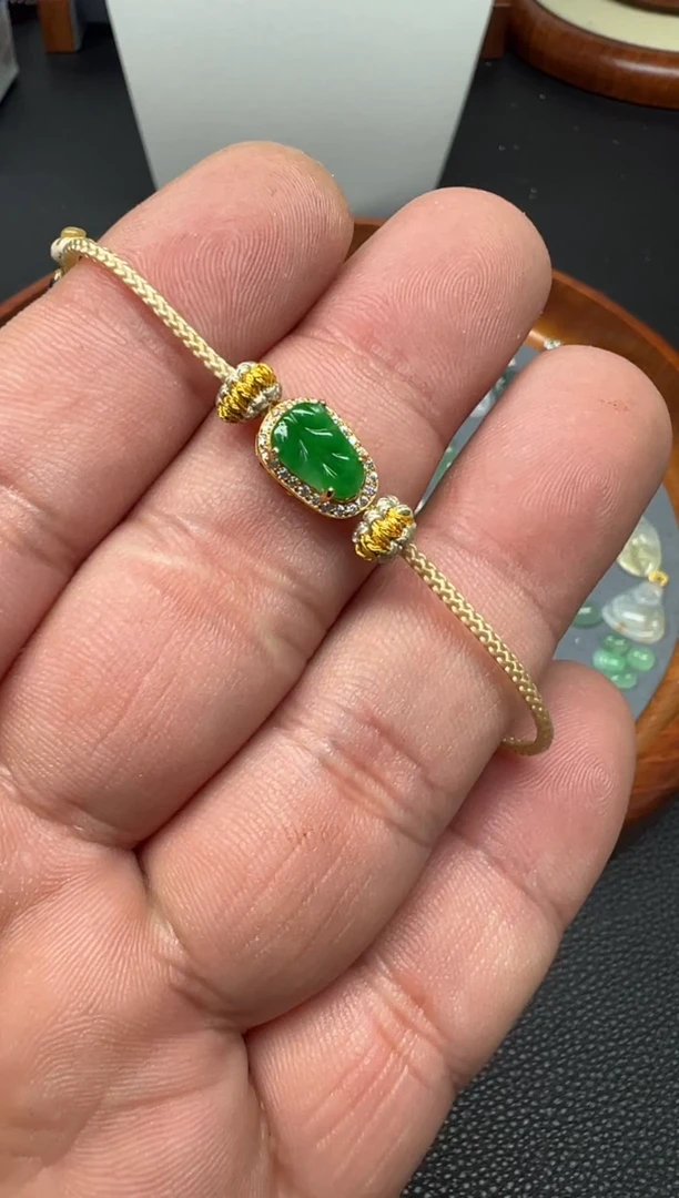 银S925镶嵌手链翡翠（45号链接）纯天然A货缅甸翡翠叶子手绳