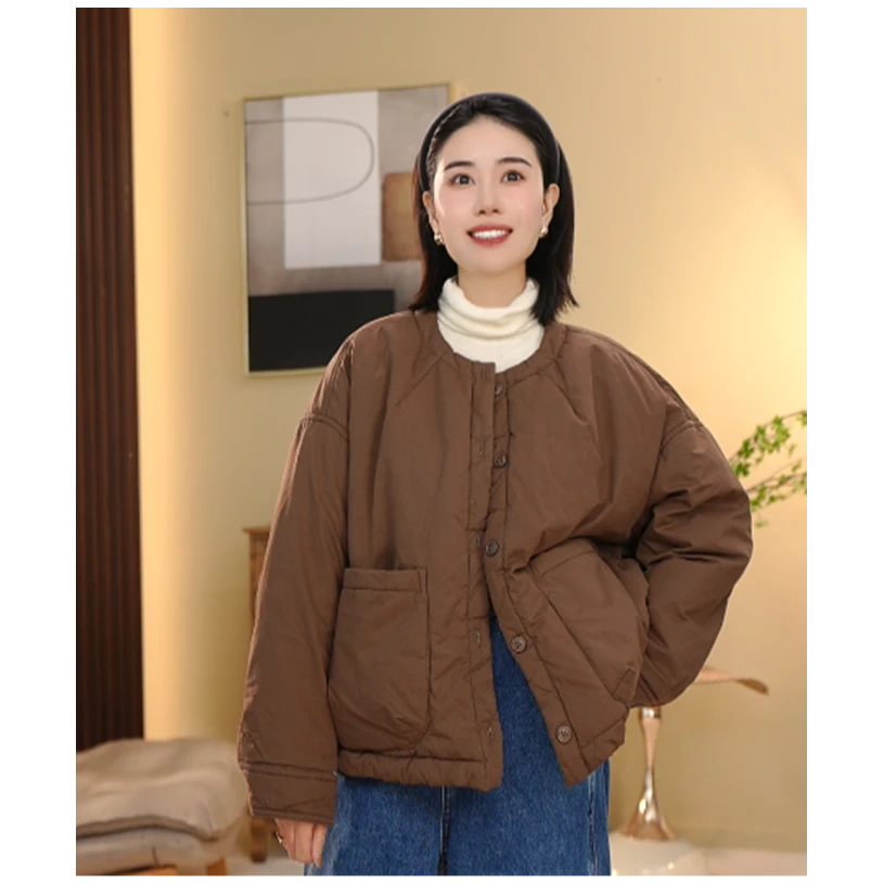 BEIJU 2025复古风黑色圆领棉服女宽松百搭加厚保暖棉衣外套9672