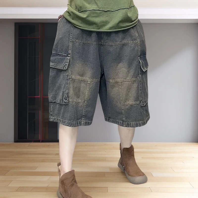 【云吖】夏季复古宽松休闲压线侧口袋阔腿炒色做旧水洗牛仔六分裤