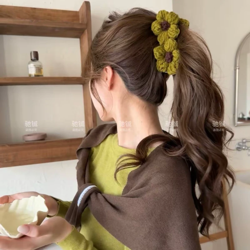 吸睛限定～复古毛线花朵香蕉夹超大号13cm气质百搭高马尾固定神器