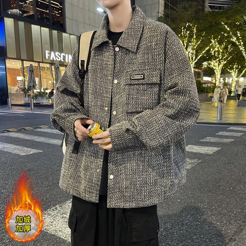 提花外套男新款小香风宽松显瘦休闲翻领工装夹克痞帅大码加绒上衣