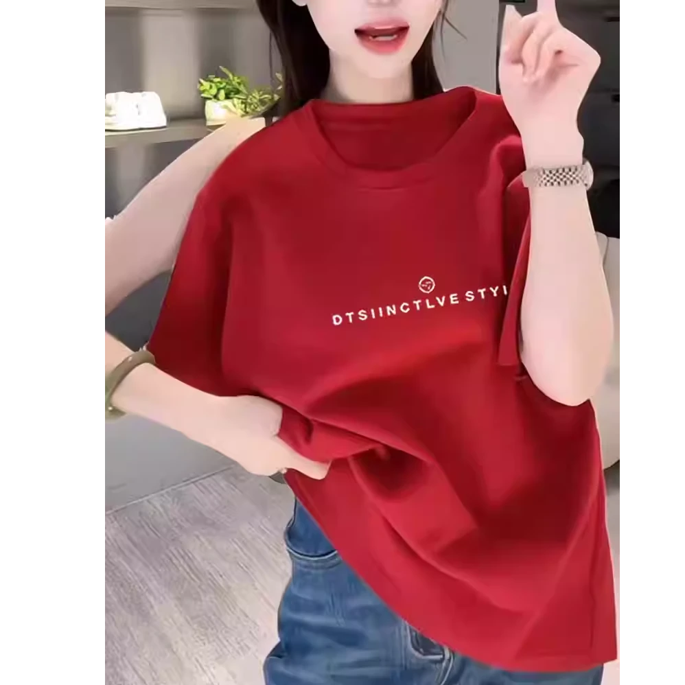 2025新款正肩显瘦磨毛红色短袖t恤女时尚百搭洋气上衣打底衫春夏