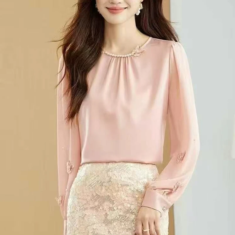 蝴蝶春秋长袖衬衫洋气法式设计感雪纺衫时尚百搭圆领衬衣气质显瘦