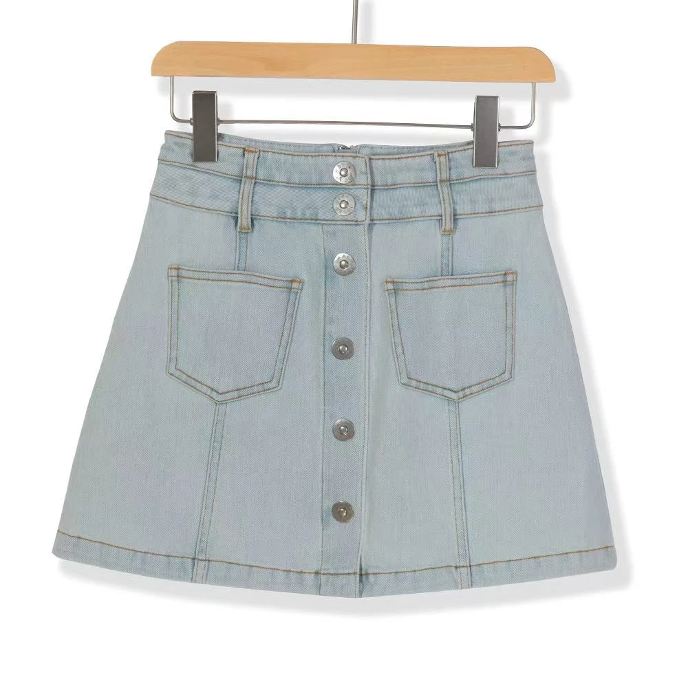 2025新款女装 高腰双腰头单排扣牛仔半裙