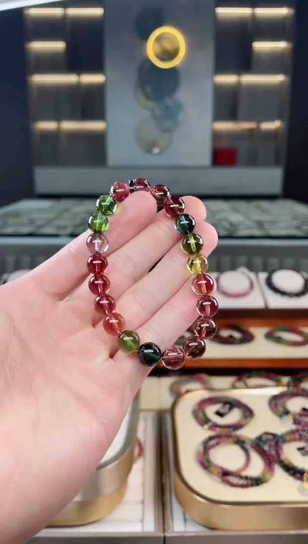 未镶嵌冰透净体老矿碧玺彩虹单圈手串9mm+碧玺多样性发一条xion