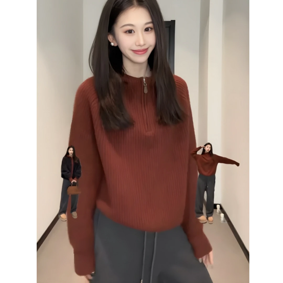慵懒风秋冬半拉链连帽毛衣女款2025新款冬季爆款外穿宽松针织上衣