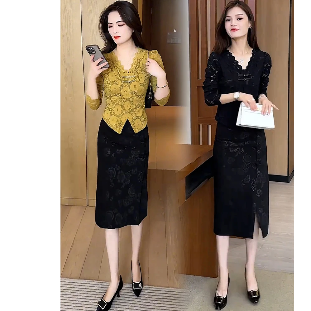时尚套装裙女2025春季新款洋气显瘦V领蕾丝衫包臀半身裙两件套裙