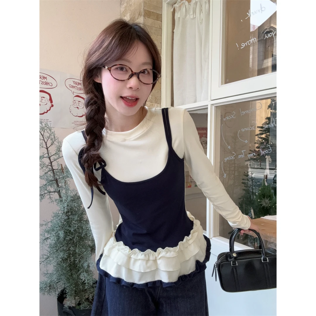 韩版甜美撞色荷叶花边拼接假两件长袖t恤秋冬季内搭显瘦短款上衣