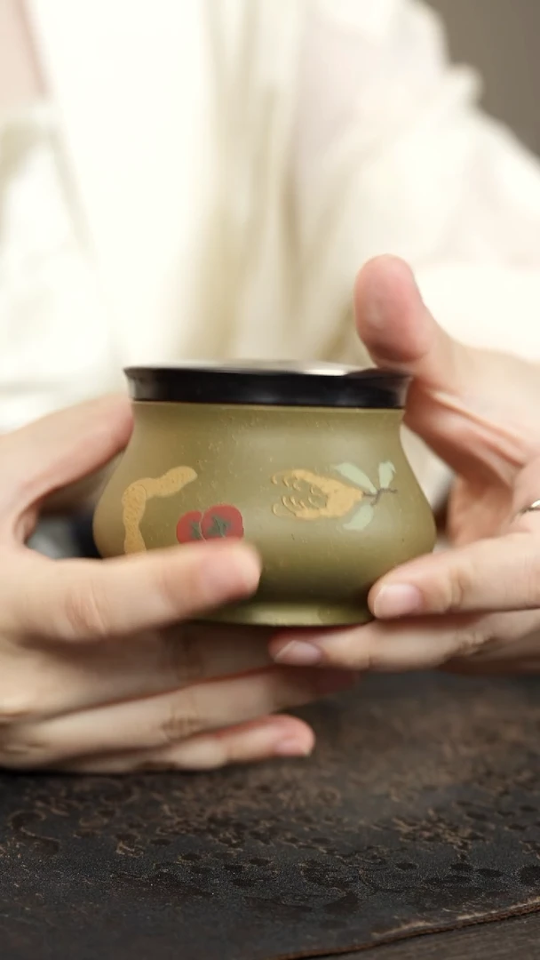 紫砂茶叶罐木盖豆青泥泥绘柿子佛手花生