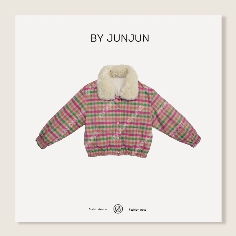 ByJunjun少女心事 彩色格纹牛皮配羊毛领鹅绒外套