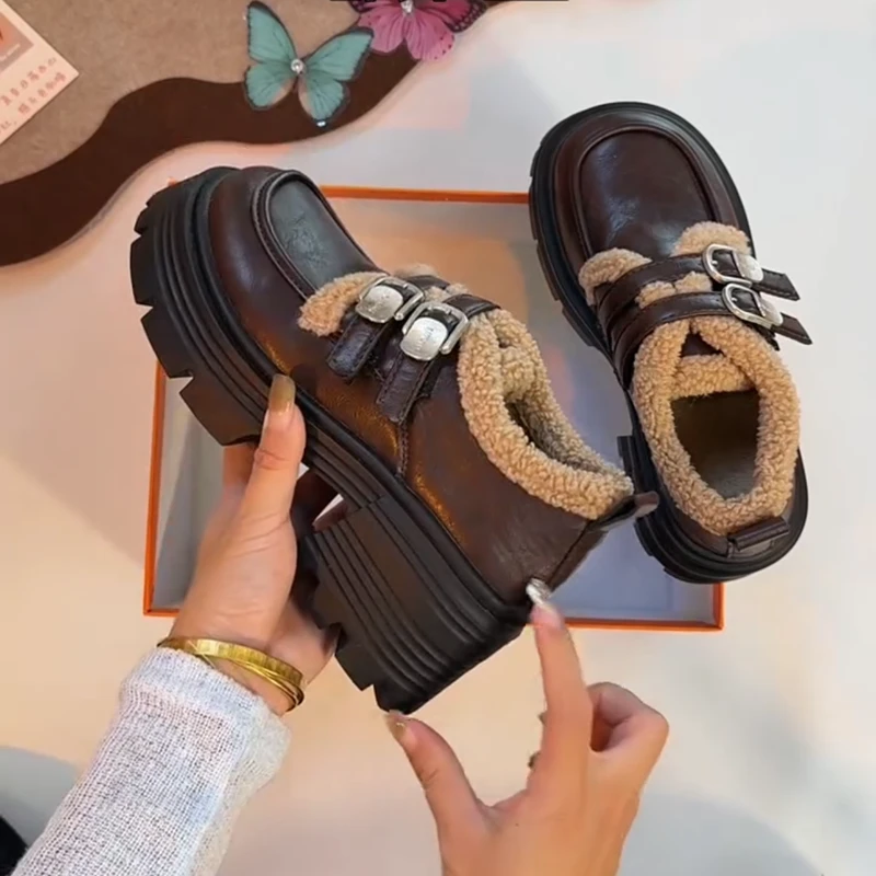 厚底增高乐福鞋女款2025新款秋冬季通勤加绒一脚蹬棉鞋百搭小皮鞋