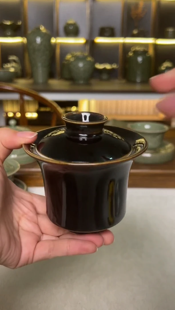 陶瓷耀州窑原矿黒釉马蹄两财盖碗