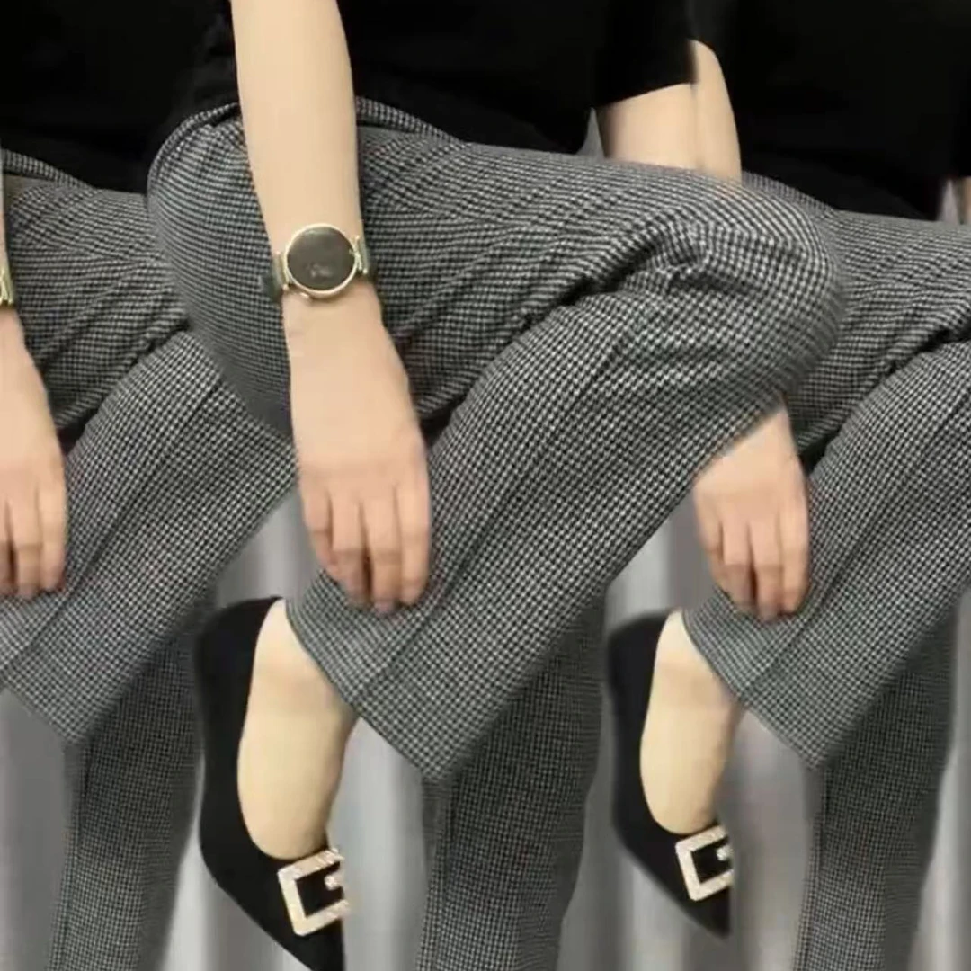 春季格子裤女时尚千鸟直筒宽松显瘦外穿垂感高腰百搭