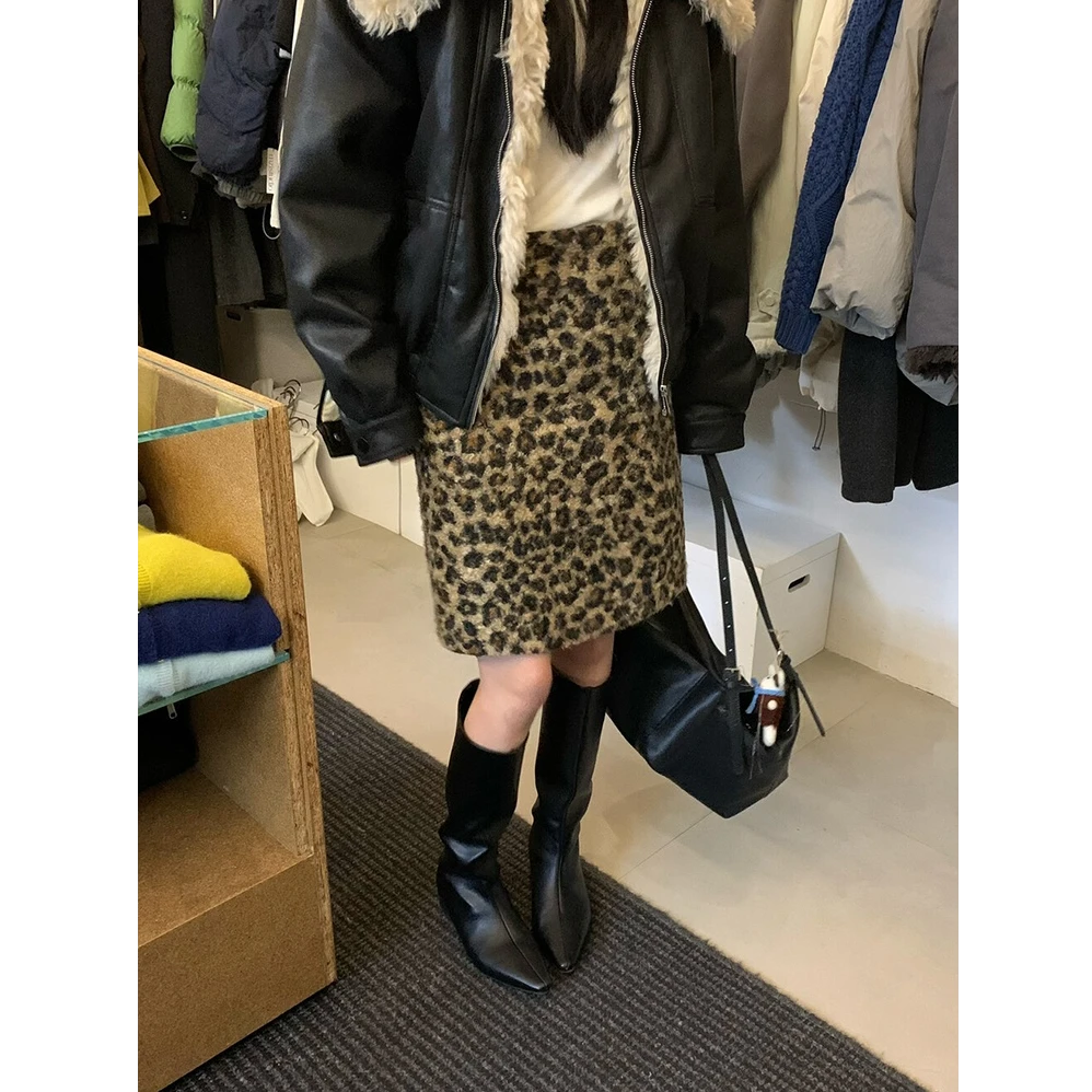 复古辣妹豹纹毛呢半身裙女冬季新款韩版气质高腰显瘦直筒中长裙